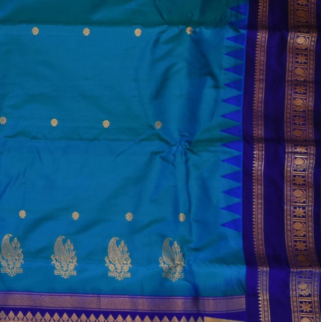 Ilkal Gadwal Pure Silk Aqua Blue Saree With Ink Blue Border