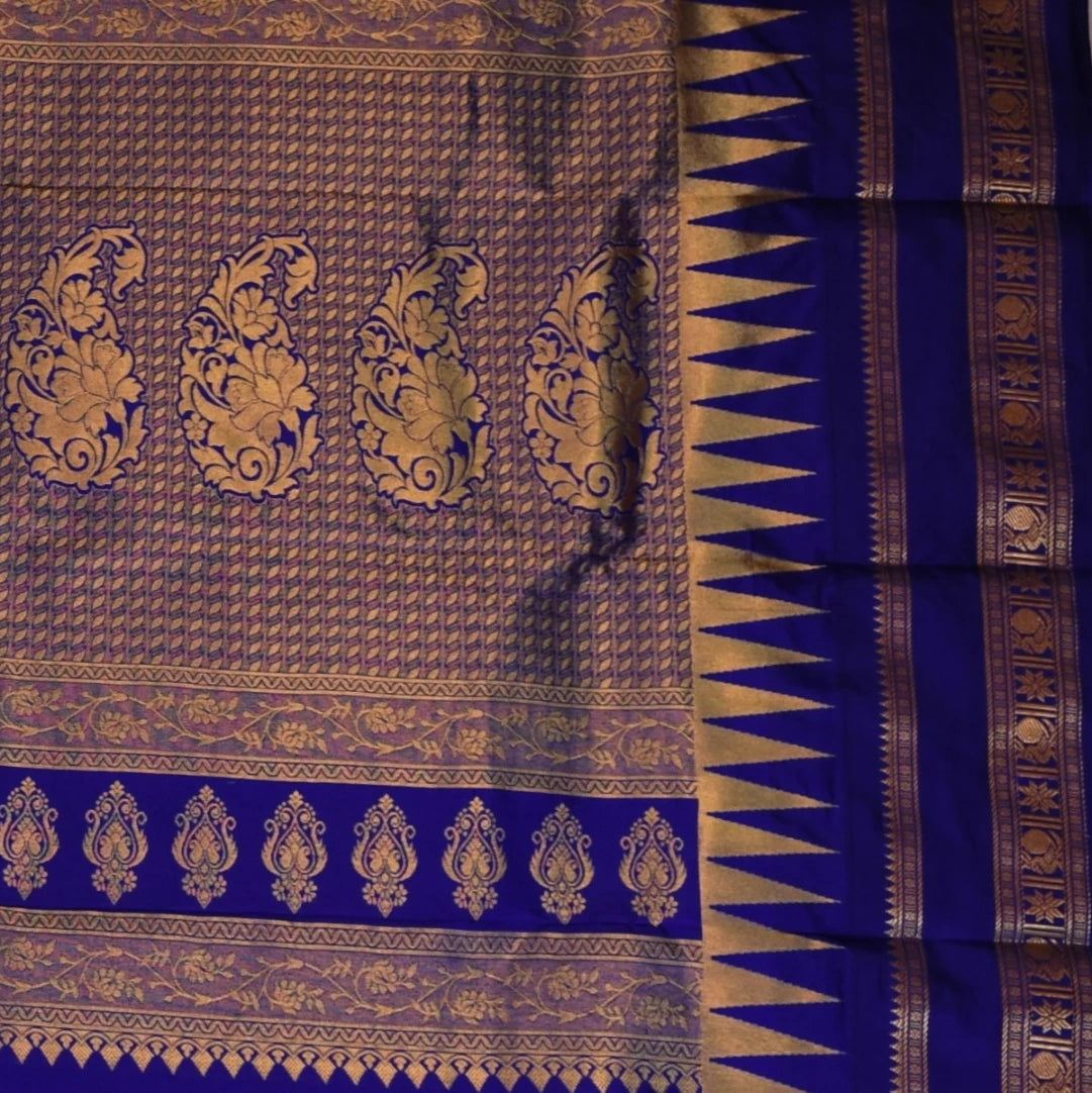 Ilkal Gadwal Pure Silk Aqua Blue Saree With Ink Blue Border