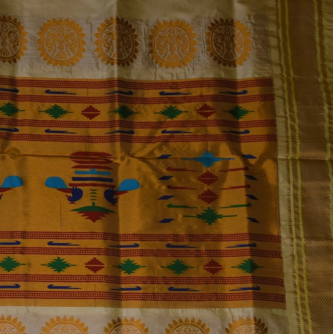 Ilkal Gadwal Silk Paithani Pallu Cream Saree Jari Boarder with Blouse