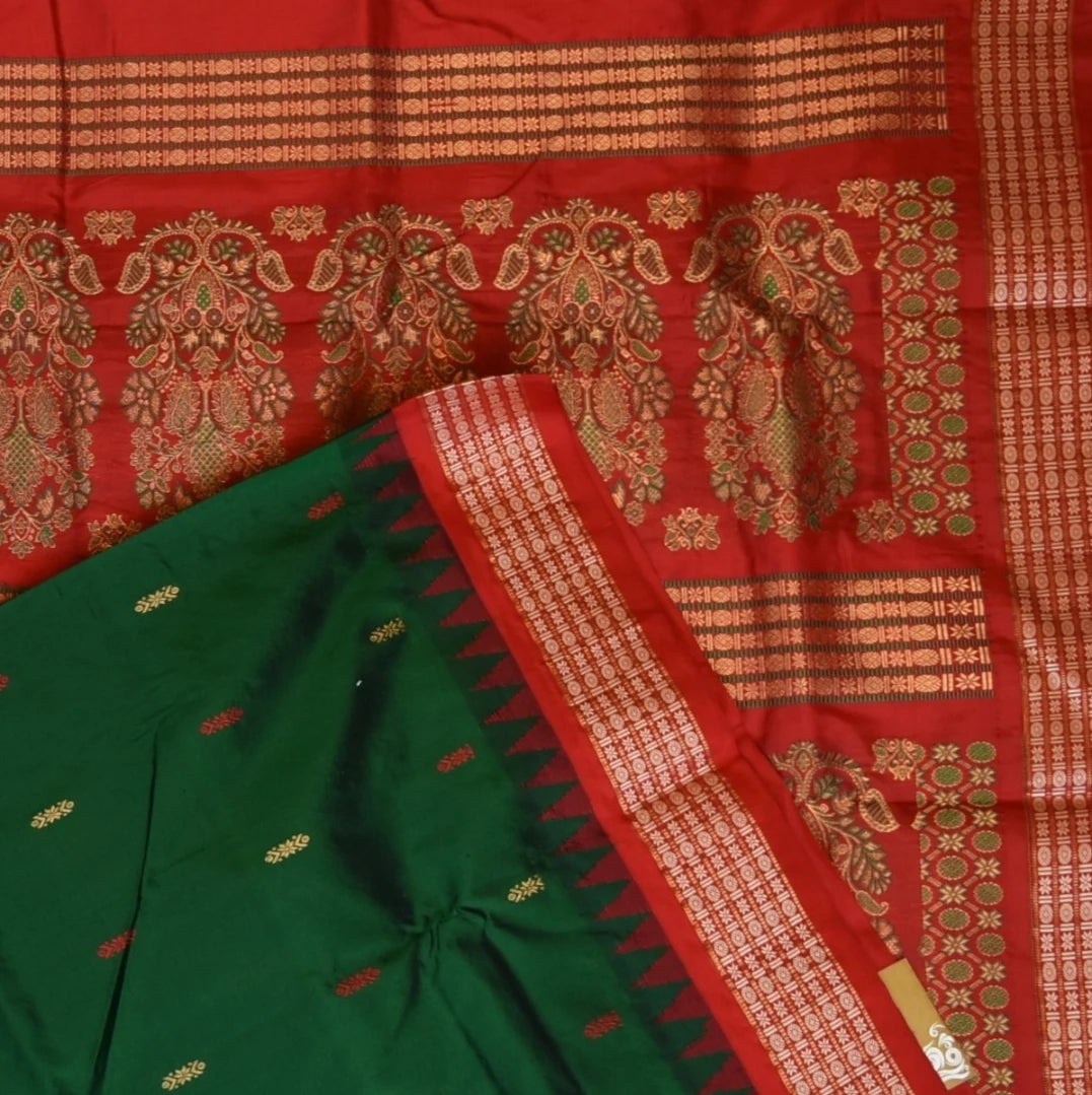 Ilkal Pure Silk Dark Green Saree With Red Border