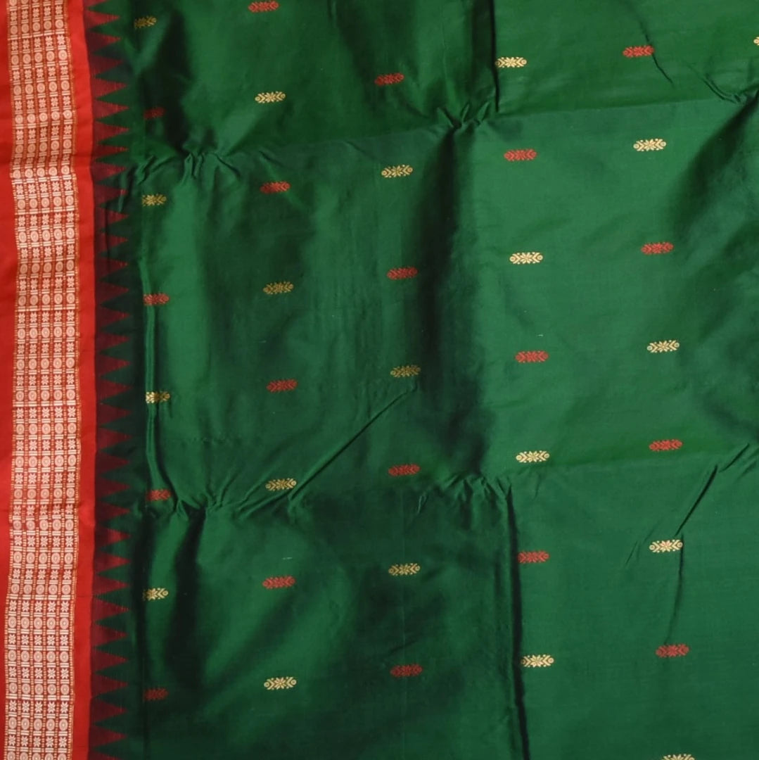 Ilkal Pure Silk Dark Green Saree With Red Border