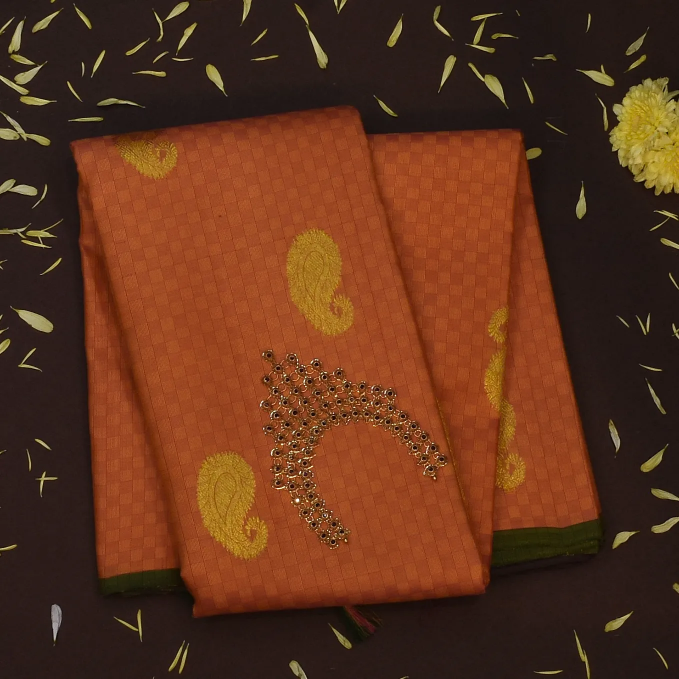 Kanchipuram Silk Burnt Orange Saree with Blouse