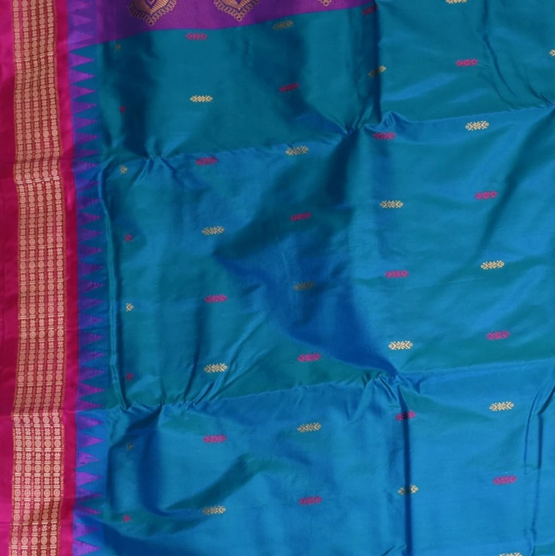 Ilkal Orissa Pallu Blue Saree Pink Thread Work Boarder with Blouse