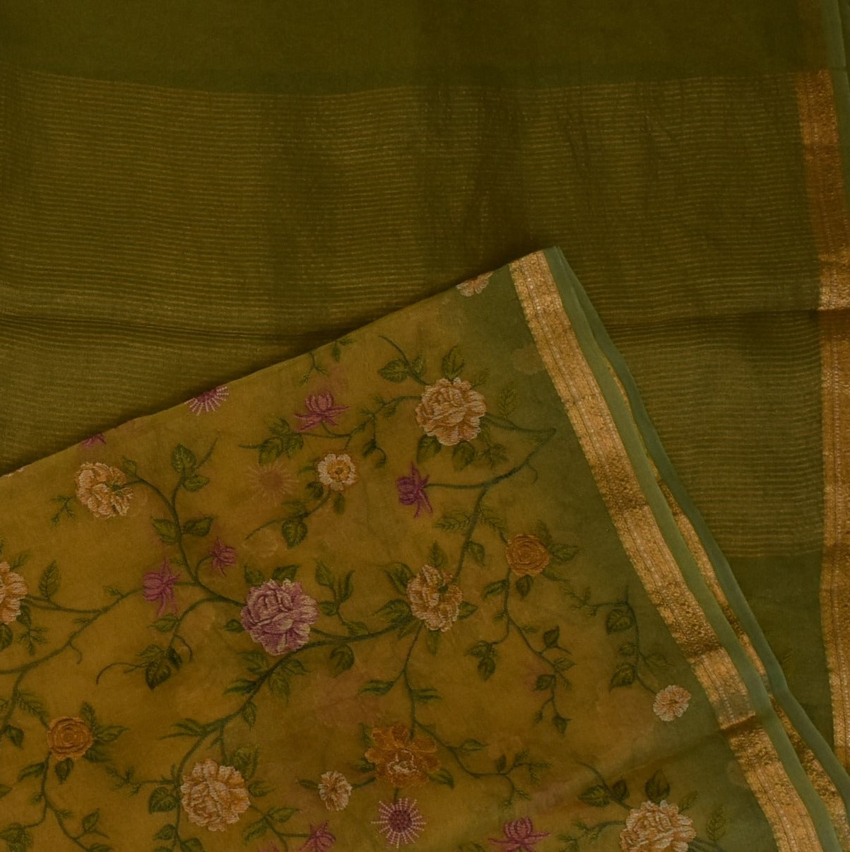 Tissue Olive Khaki Saree with Blouse