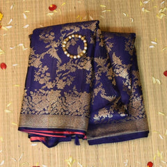 Kanchivaram Navy Blue Saree With Jari Boarder with Blouse