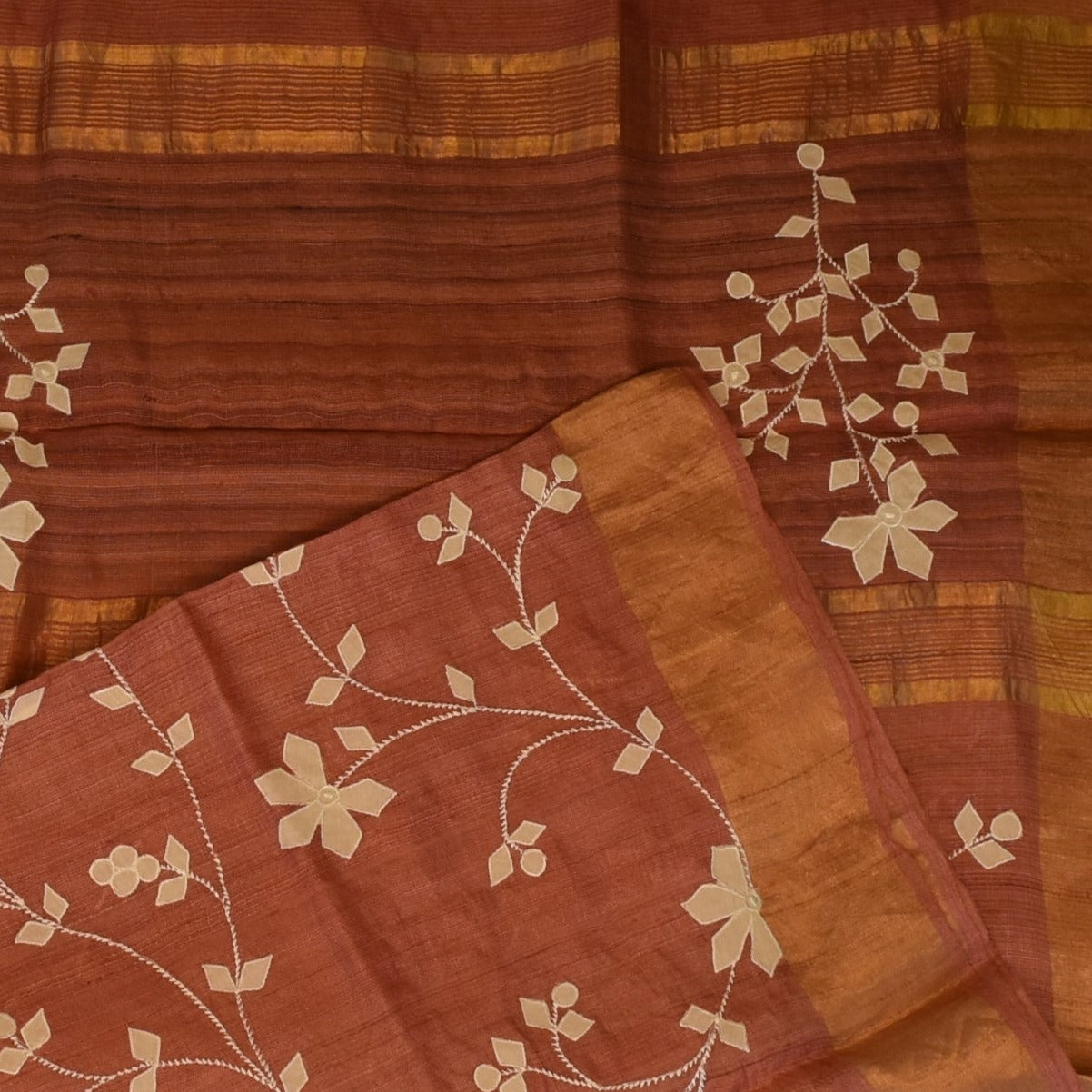 Tussar Silk Rust Brown Saree with Blouse