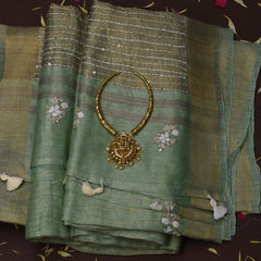 Tussar Silk Olive Sage Saree with Blouse