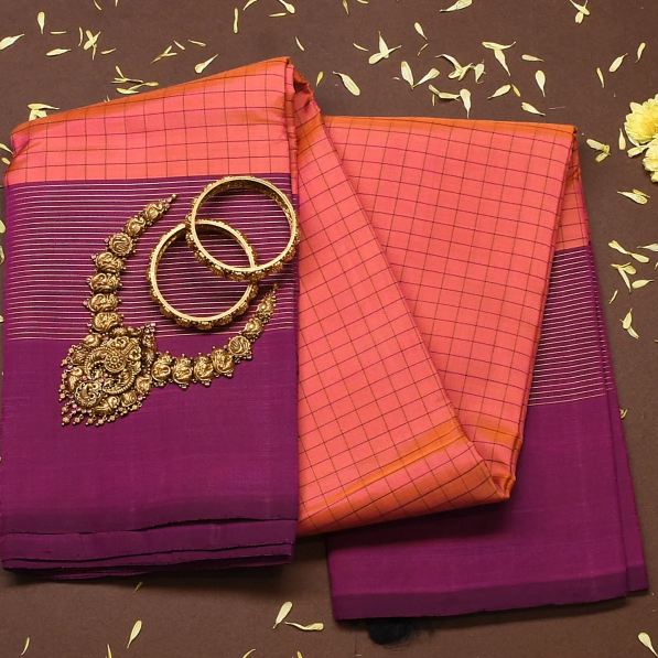 Kanchipuram Silk Salmon Pink Saree with Blouse