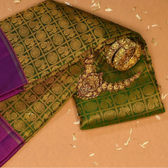 Kanchipuram Silk Forest Green & Goldenrod Saree with Blouse