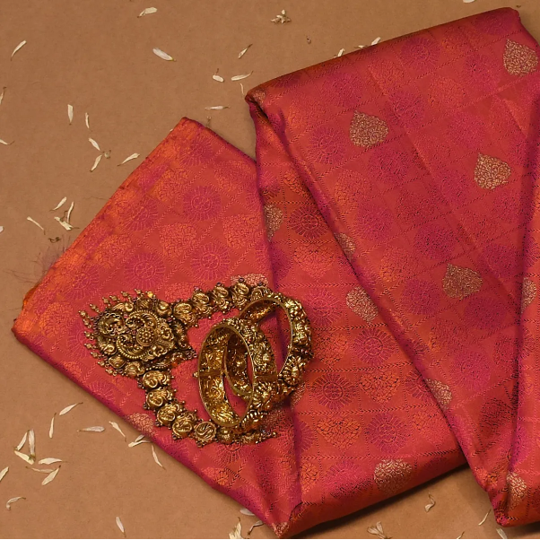 Kanchipuram Silk Terra Cotta Saree with Blouse