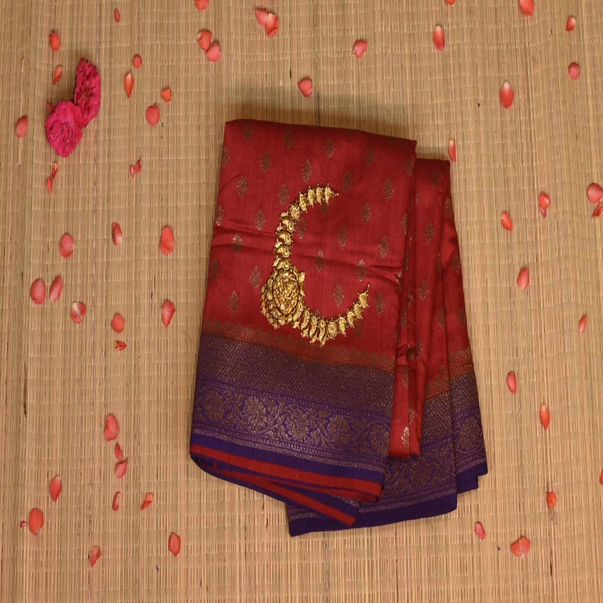 Benarasi linen silk brick red saree with violet jari boarder