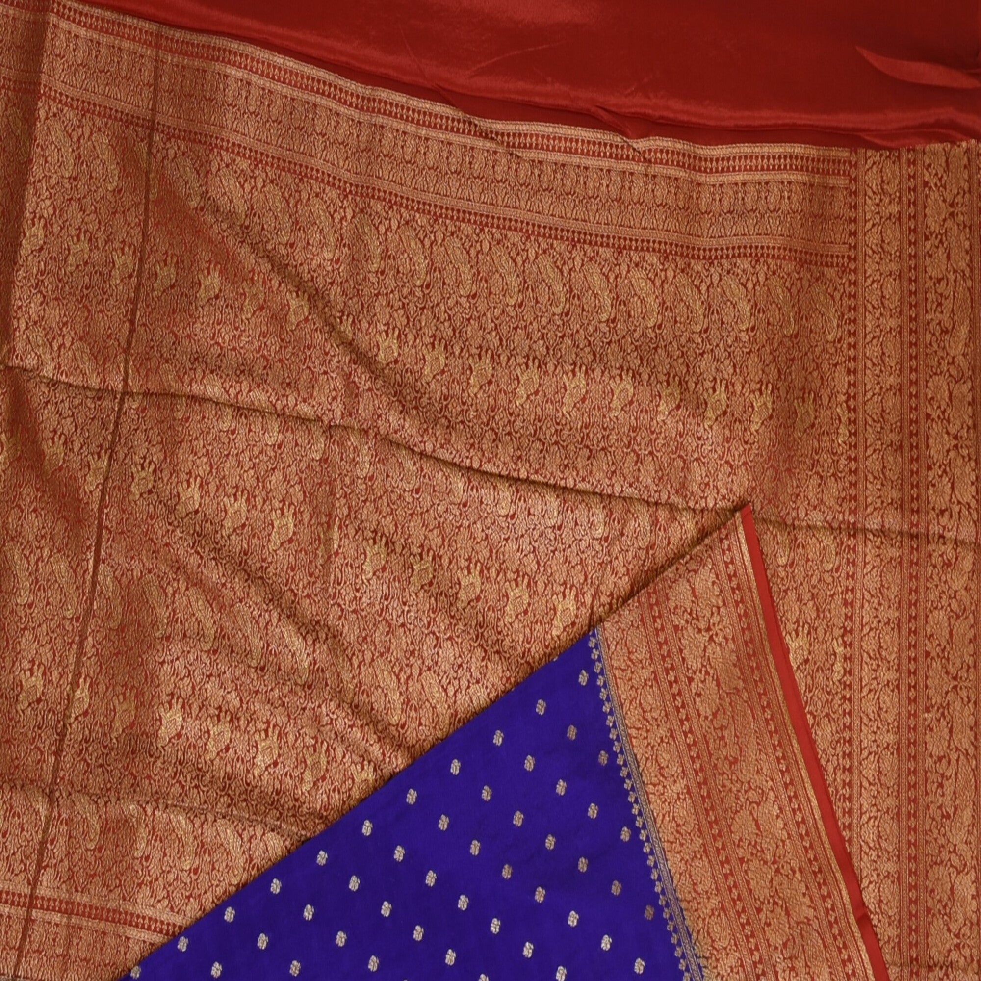 Benarasi crepe silk ink blue saree with brick red jari boarder