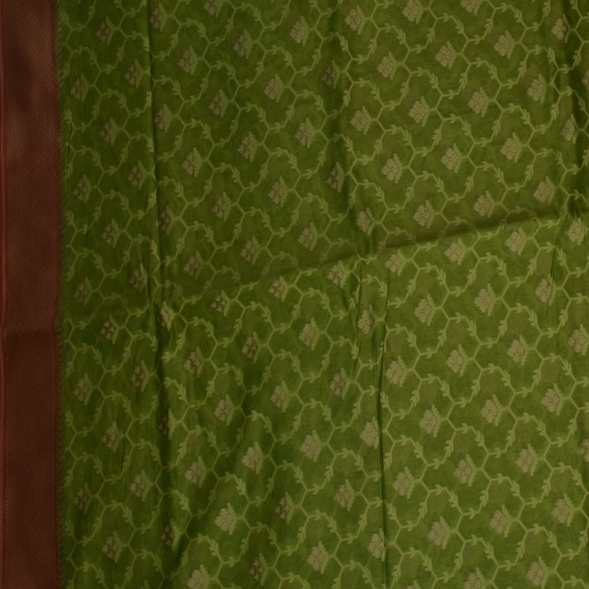 Benarasi rangkart chanderi silk green saree with coral color jari boarder