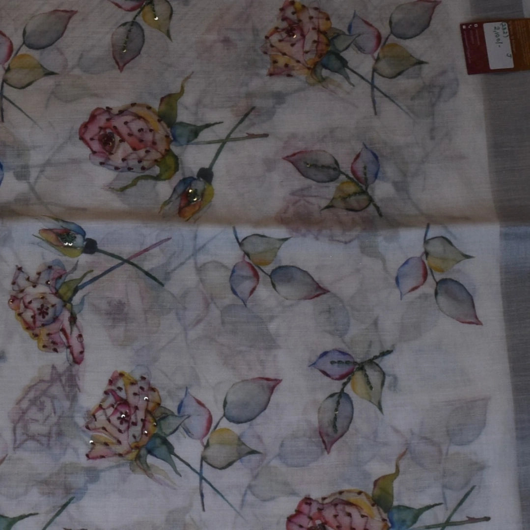 White Cotton Saree with Delicate Rosewood Floral Motifs