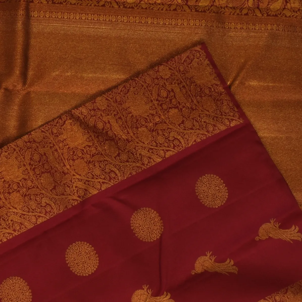 Kanchipuram Silk Crimson Red & Burnt Orange Saree with Blouse