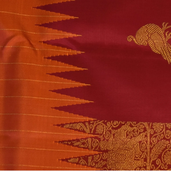 Kanchipuram Silk Crimson Red & Burnt Orange Saree with Blouse