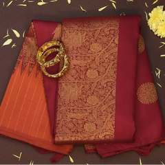 Kanchipuram Silk Crimson Red & Burnt Orange Saree with Blouse