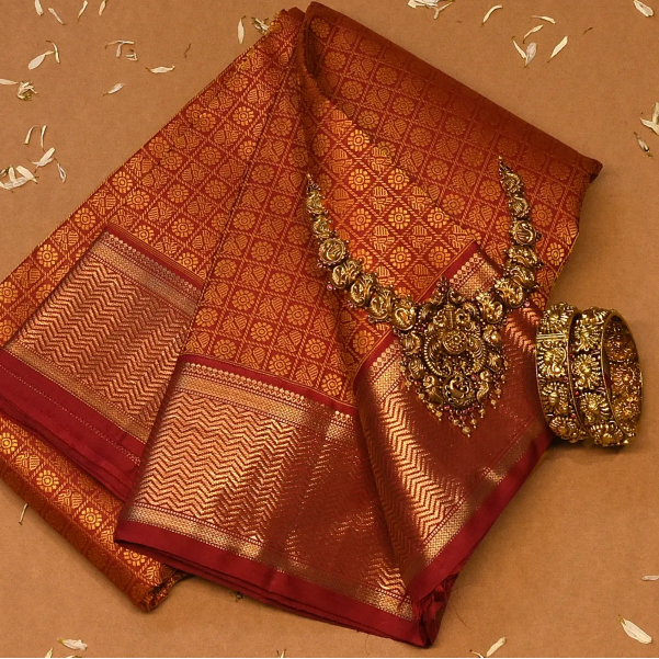 Kanchipuram Silk Burnt Orange Saree with Blouse