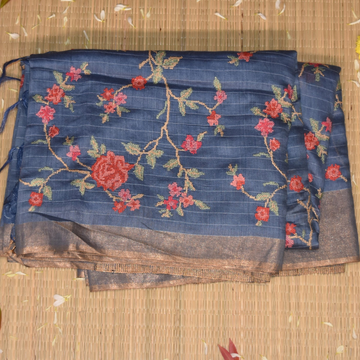 Pure Tussar Navy blue saree full tread work