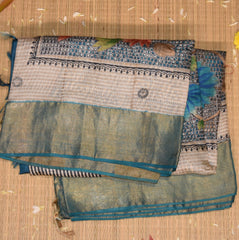 Organza silk half white saree with teal blue boarder