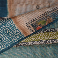 Organza silk half white saree with teal blue boarder