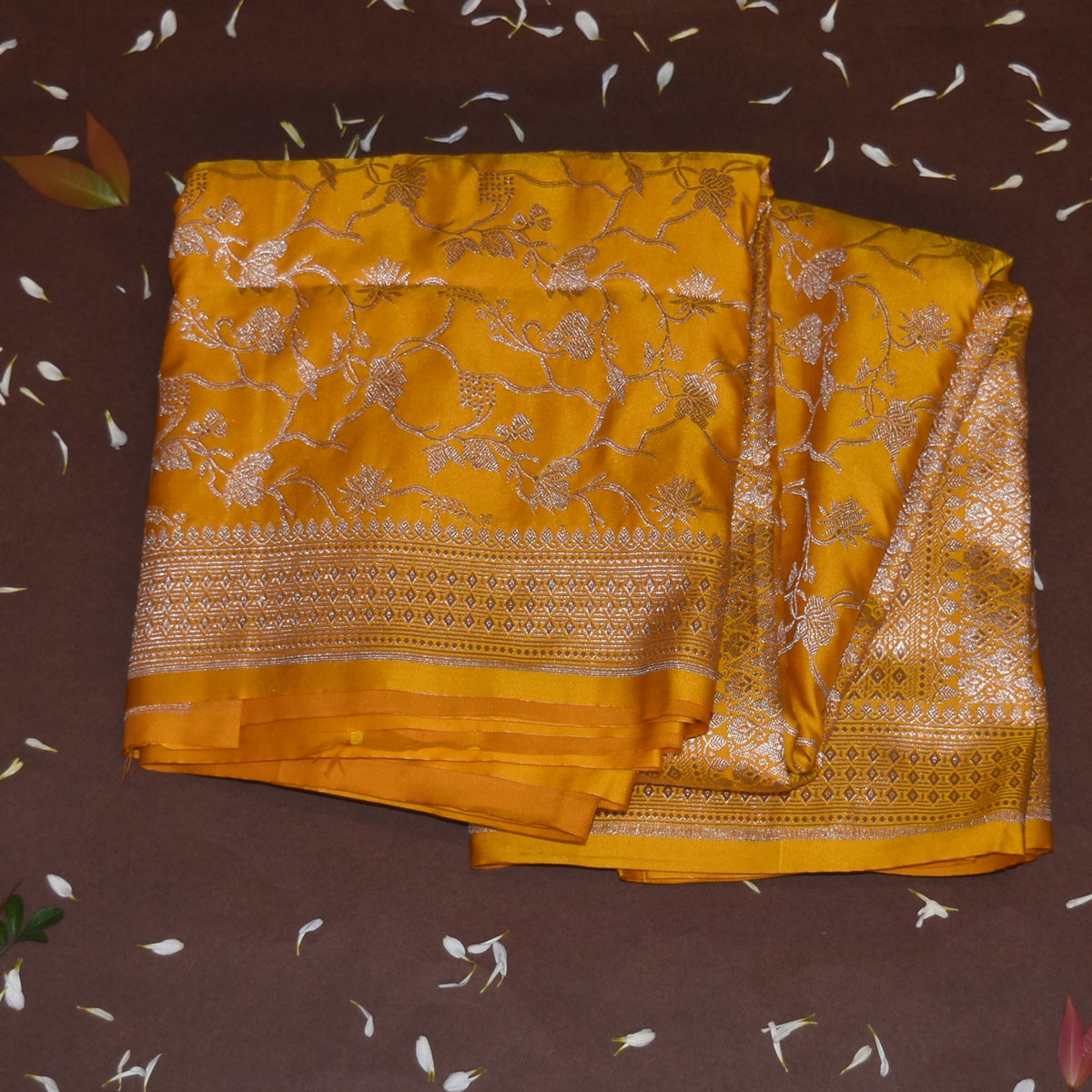Art silk benarasi yellow saree with silver jari boarder