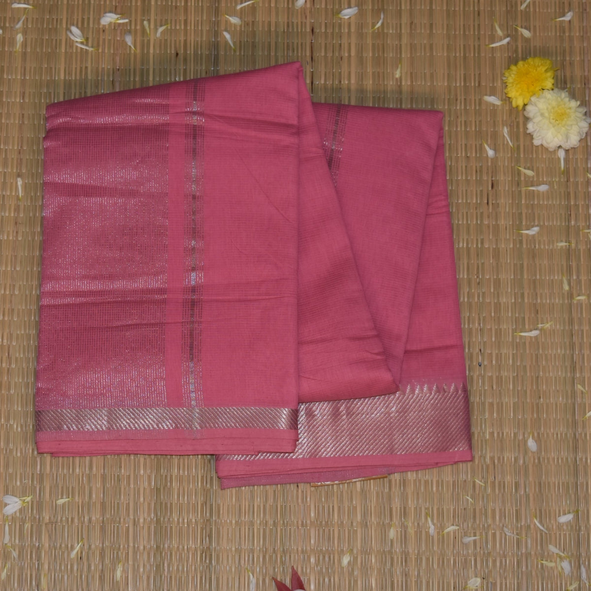 Mangalagiri Pure Cotton Rose pink saree with silver jari boarder