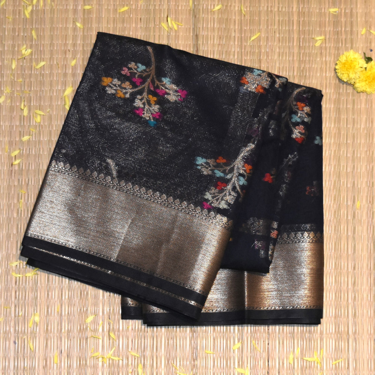 Semi Silk Cotton Navy Blue saree with jari work