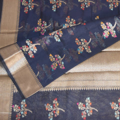 Semi Silk Cotton Navy Blue saree with jari work