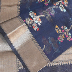 Semi Silk Cotton Navy Blue saree with jari work