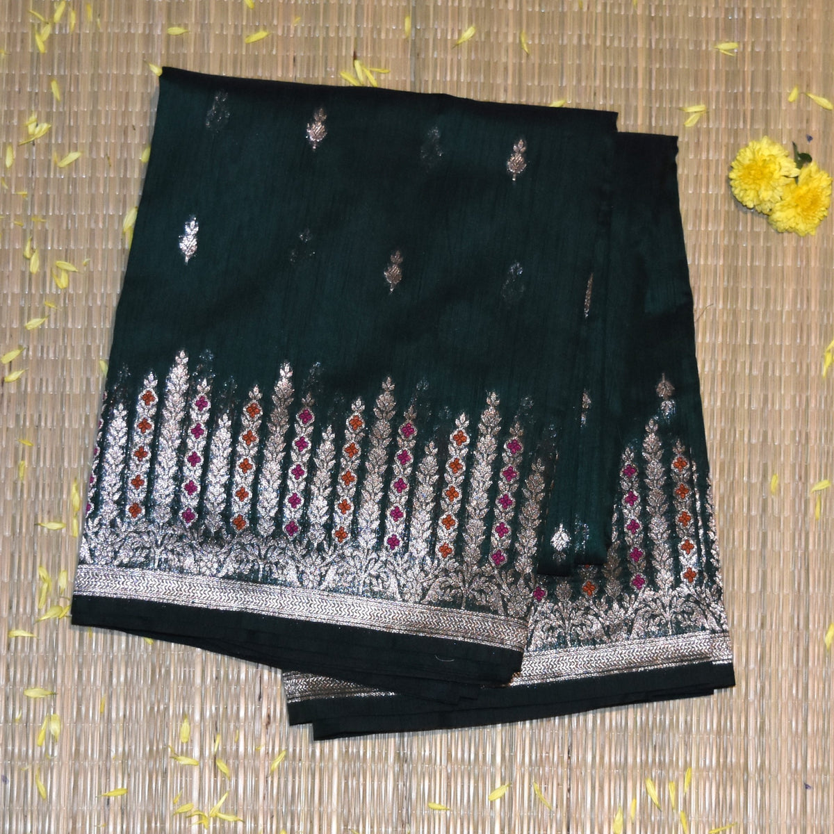 Semi Silk Cotton Bottle Green saree with jari boarder