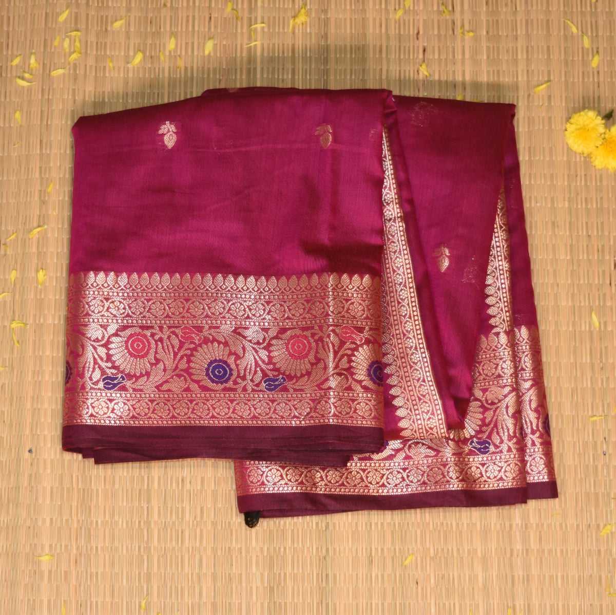 Semi Silk Cotton Rani pink saree with jari boarder