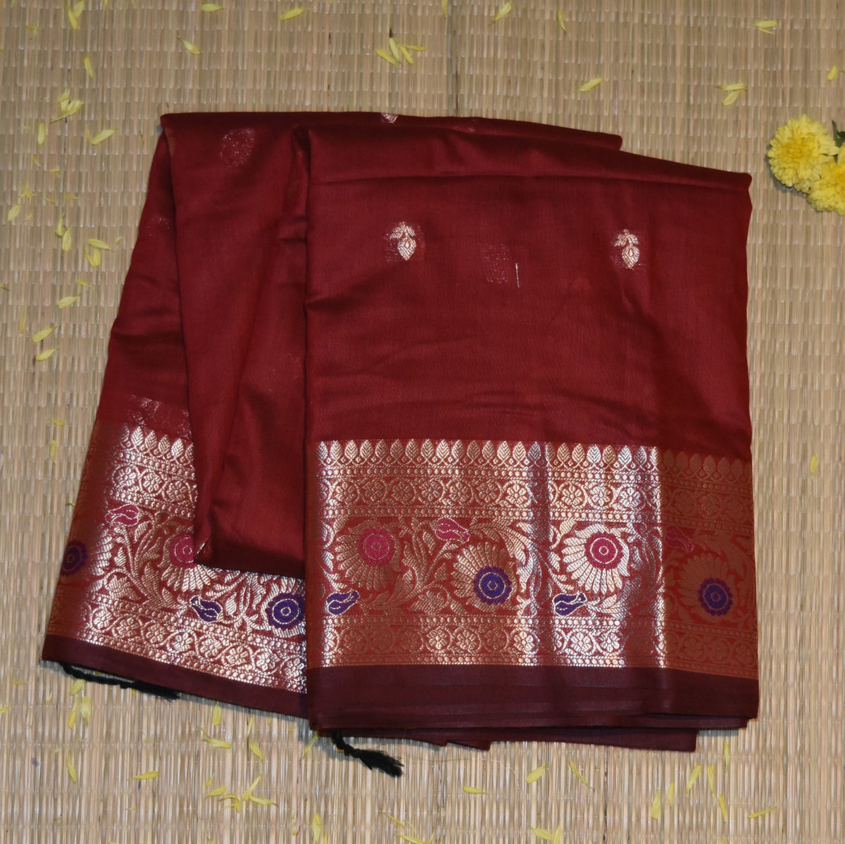 Semi Silk Cotton Maroon saree with jari boarder