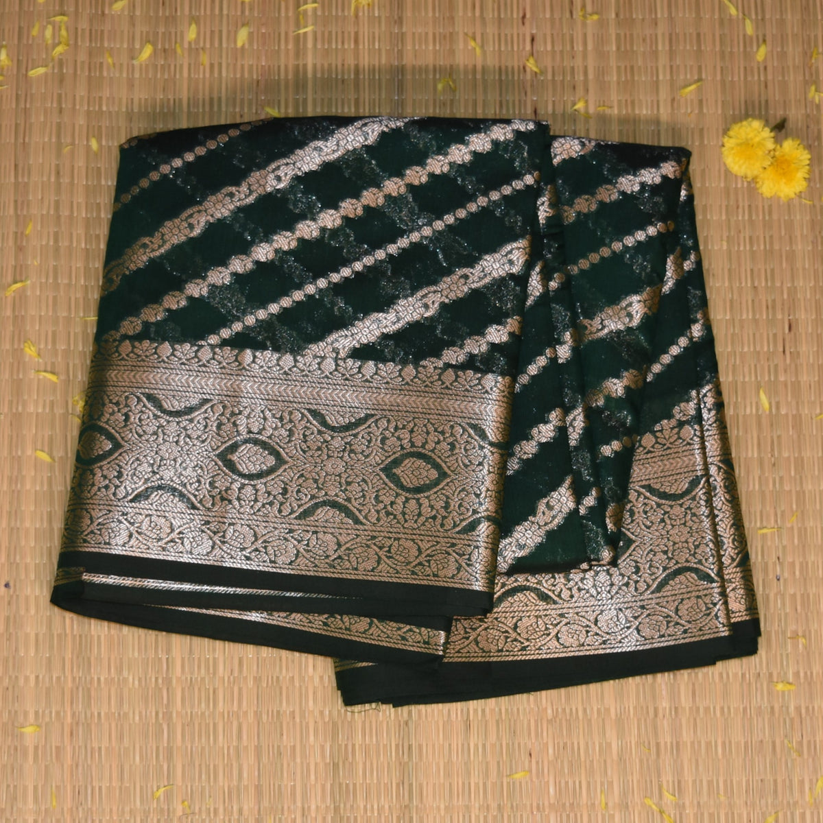 Semi Kora Silk Bottle green saree with jari boarder