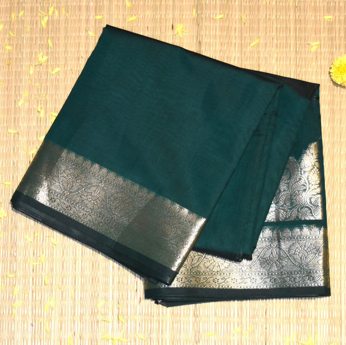 Semi Silk Cotton Bottle Green Saree with jari boarder
