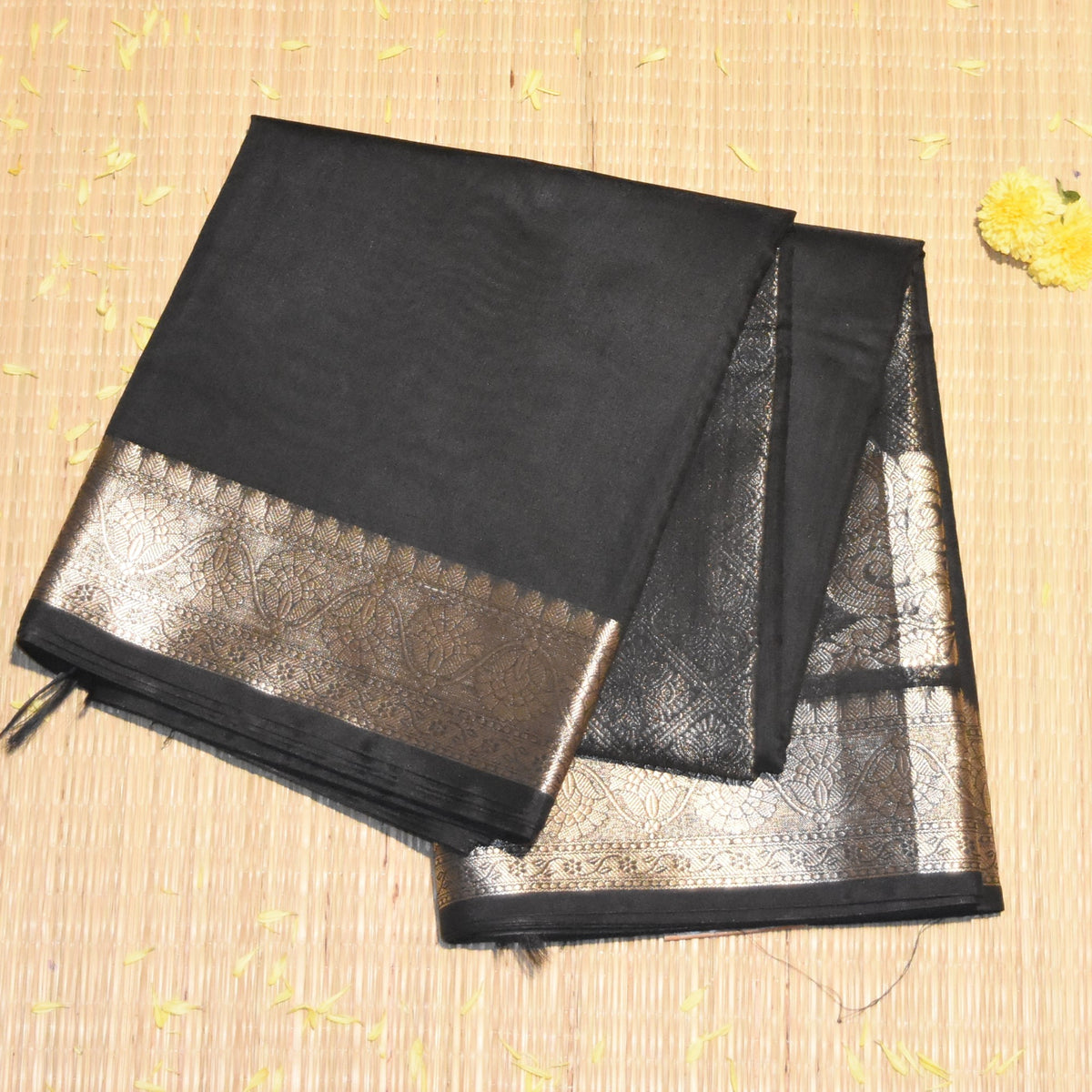 Semi Silk Cotton Black saree with jari boarder