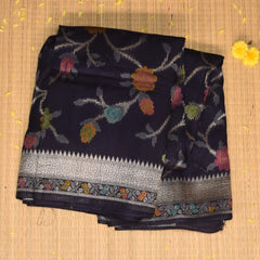 Silk cotton navy blue saree with jari boarder