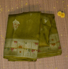 Dupion silk pure green saree wih jari boarder