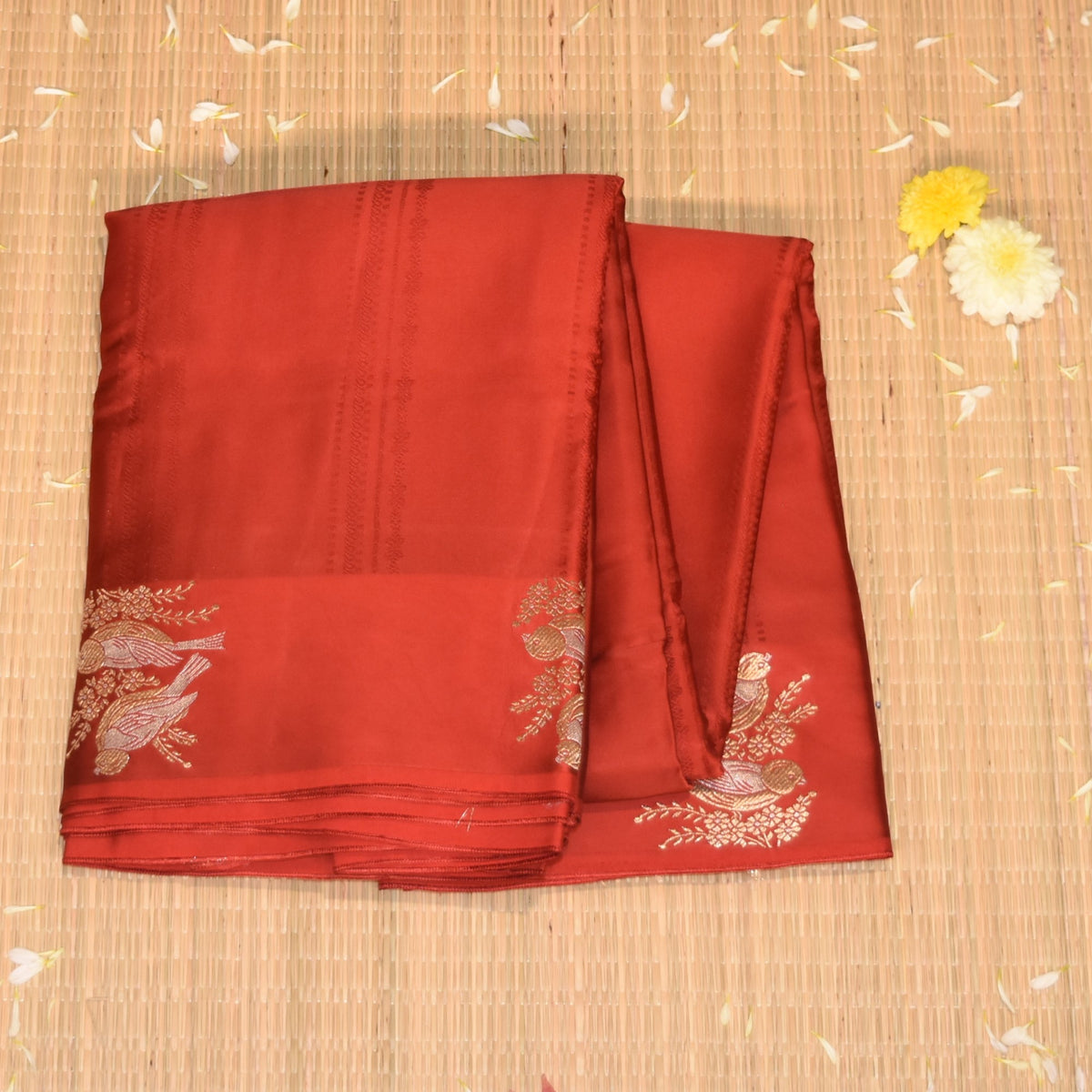 Benarasi crepe silk red saree with bird motifs