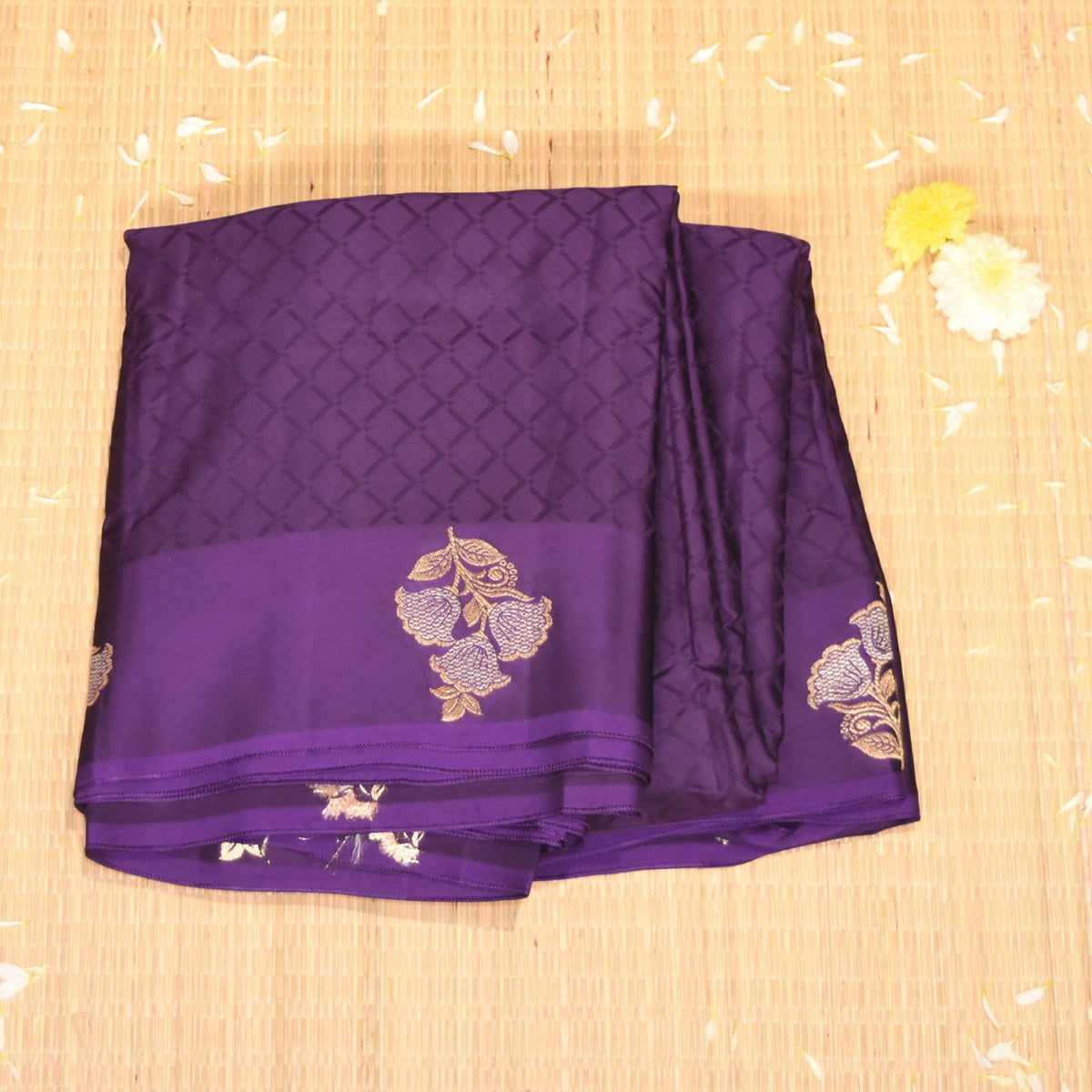 Benarasi Crepe Silk purple saree with flower motifs