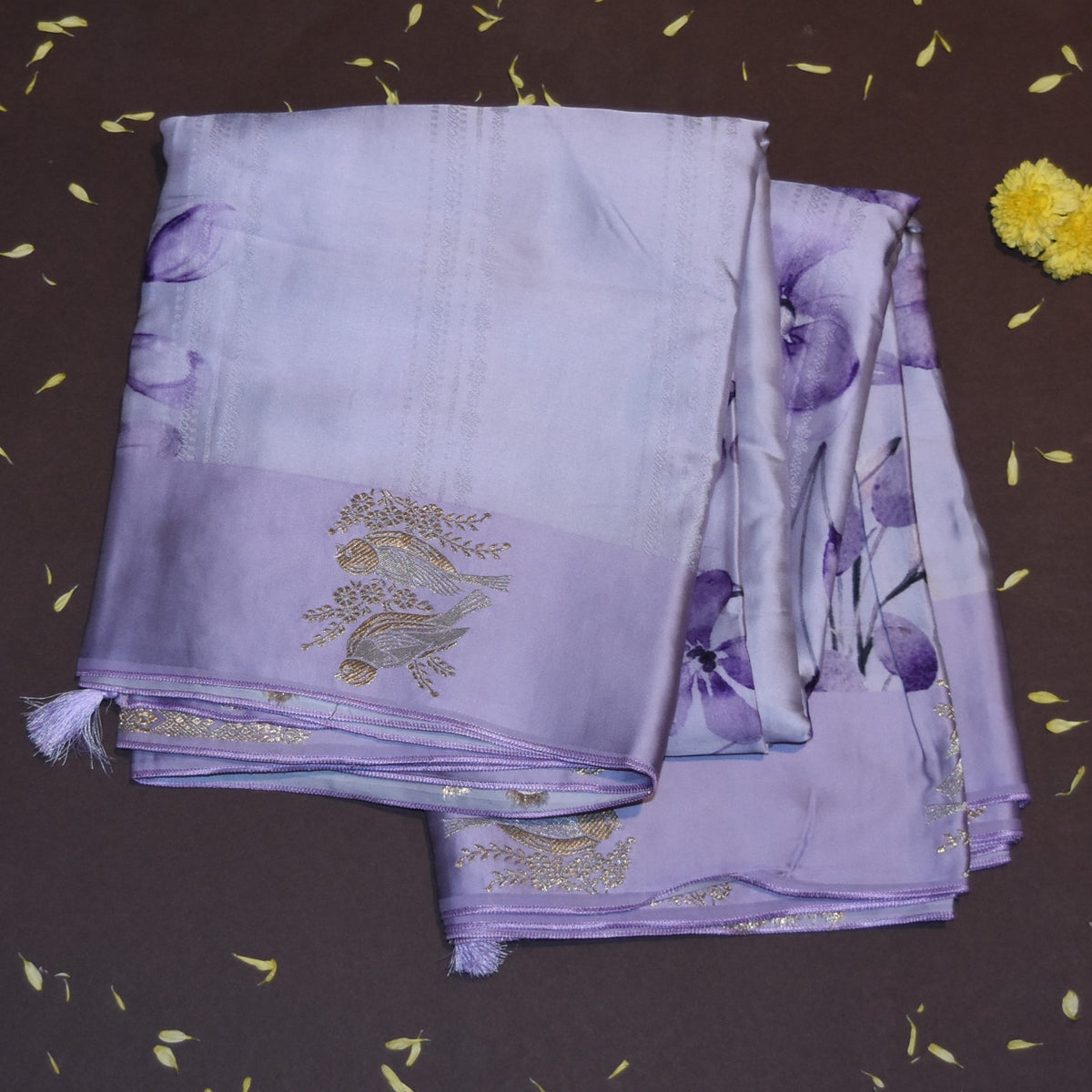 Mashroo silk lavender saree with bird motifs with jari boarder