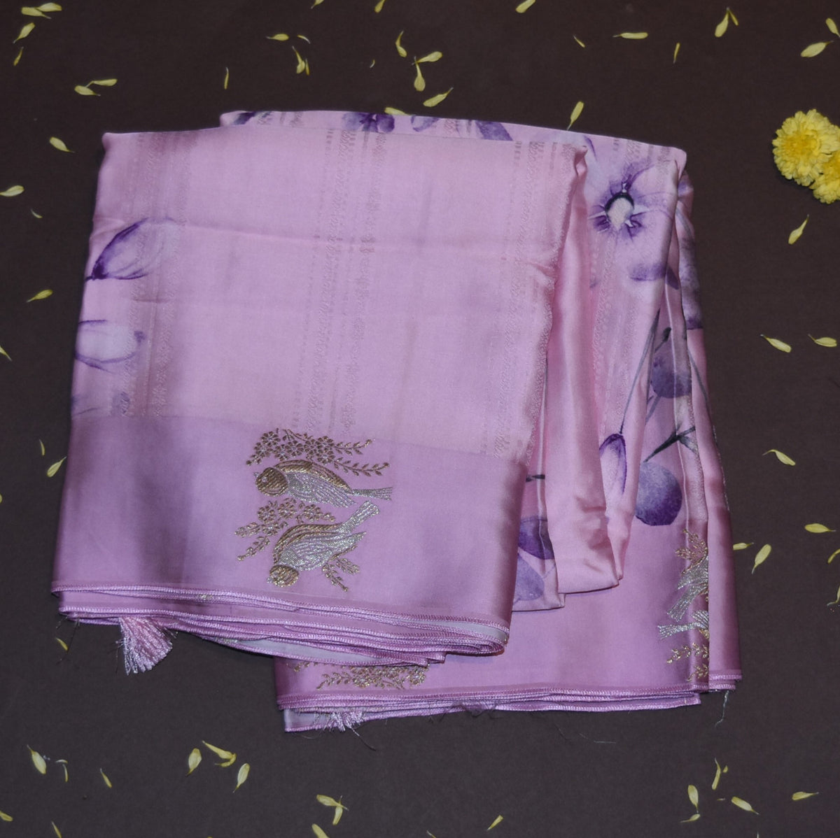 Mashroo silk light hot pink with bird motifs and jari boarder
