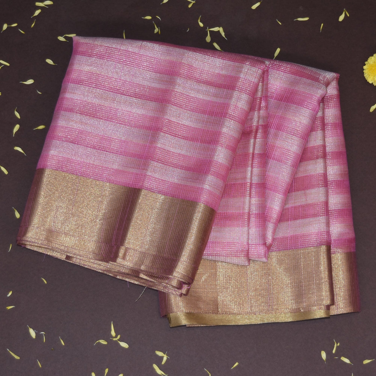Semi  Organza Silk pink saree with gold jari boarder