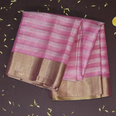 Semi  Organza Silk pink saree with gold jari boarder
