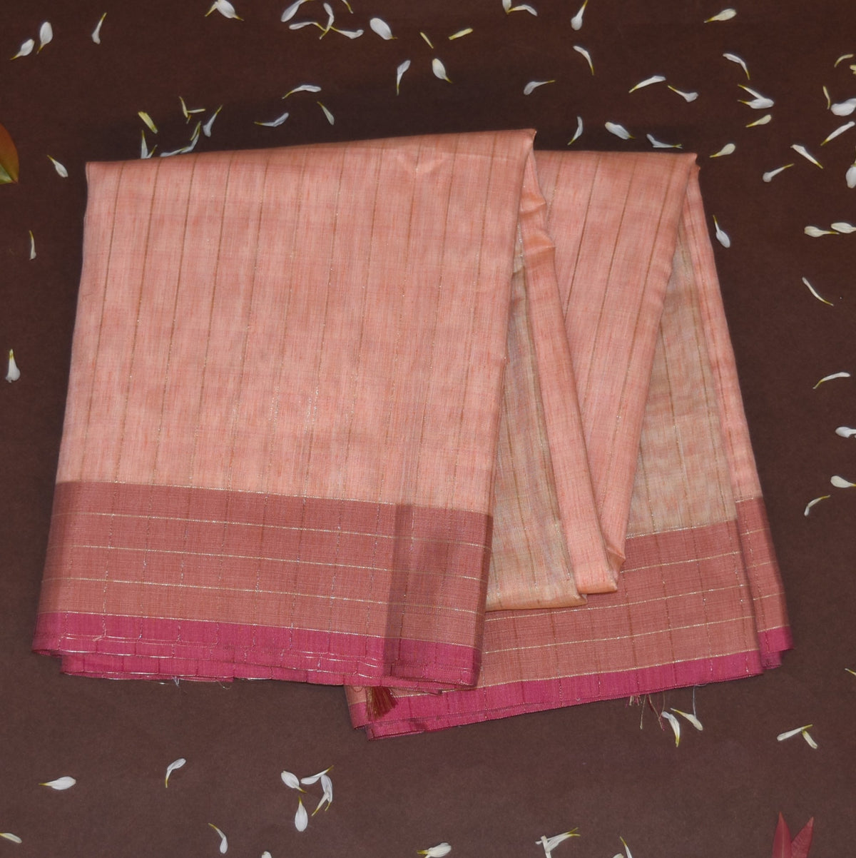 Silk cotton peach saree with jari boarder