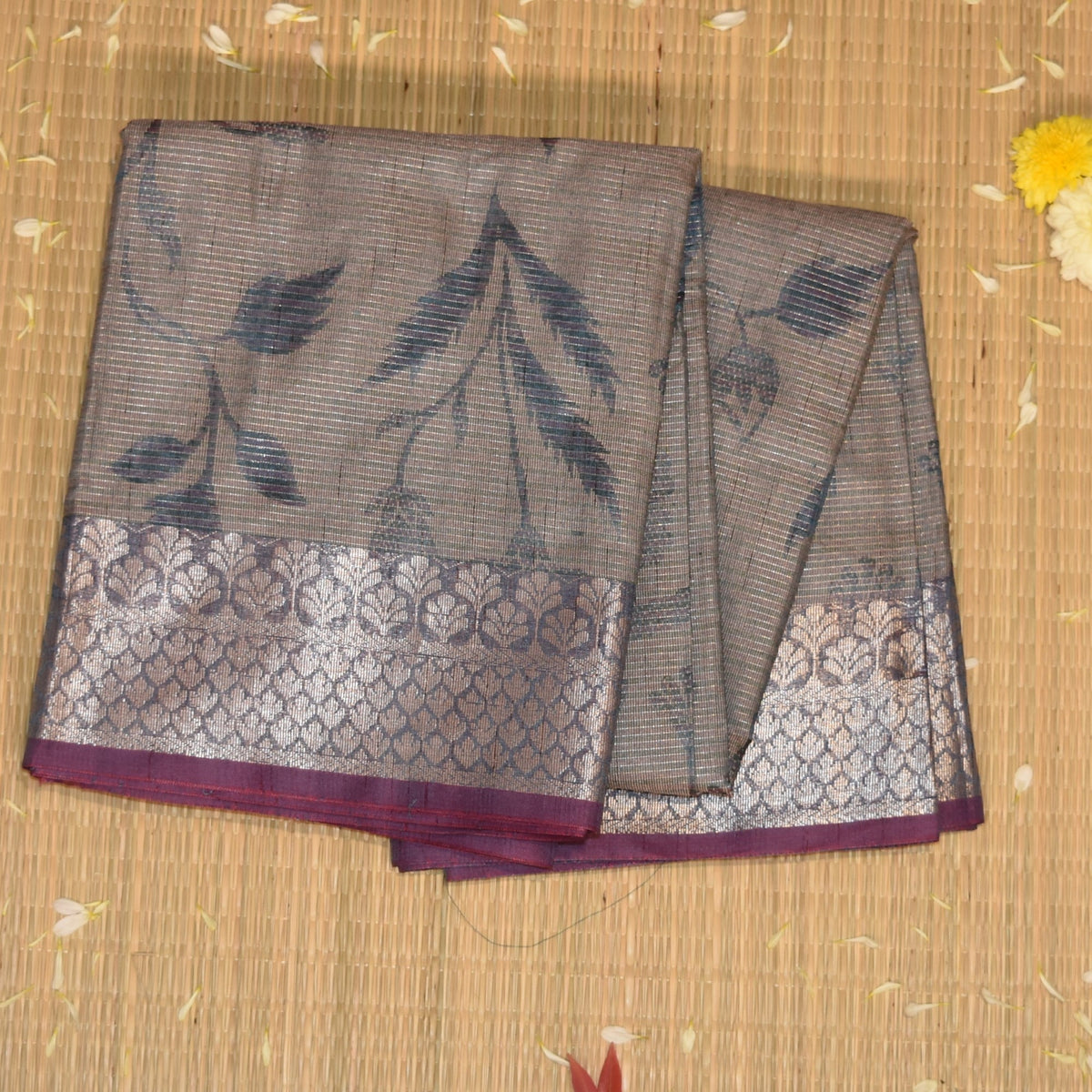 Semi Silk Cotton Ash saree with jari boarder