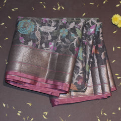 Semi Silk Cotton Ash saree with jari boarder