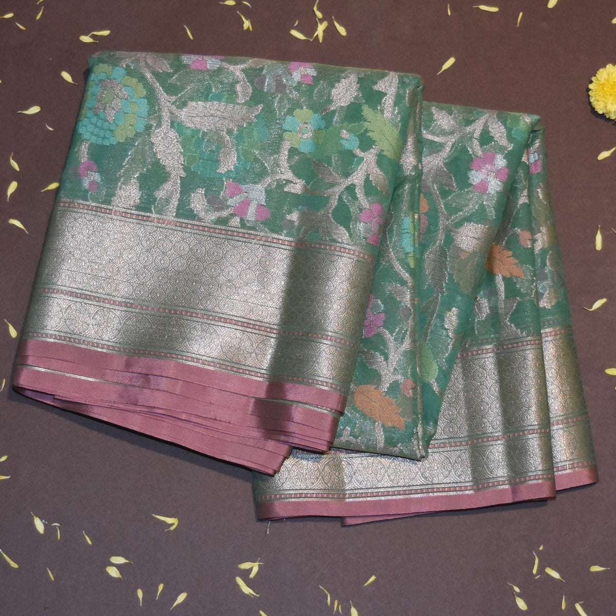 Semi Silk Cotton green saree with jari boarder