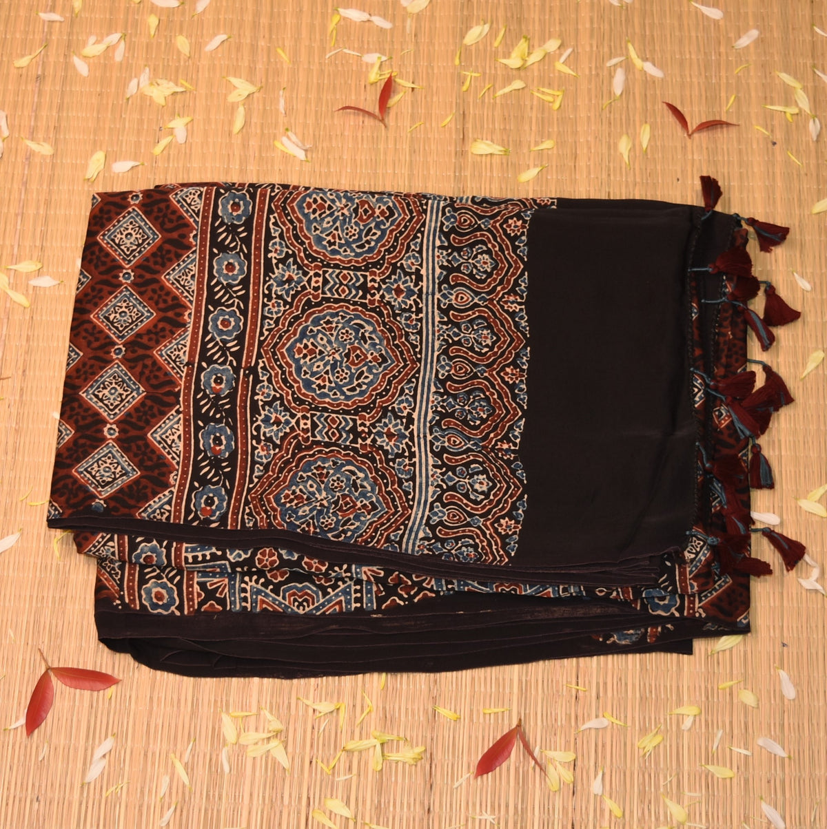 Modal silk ajrak Black saree with floral print