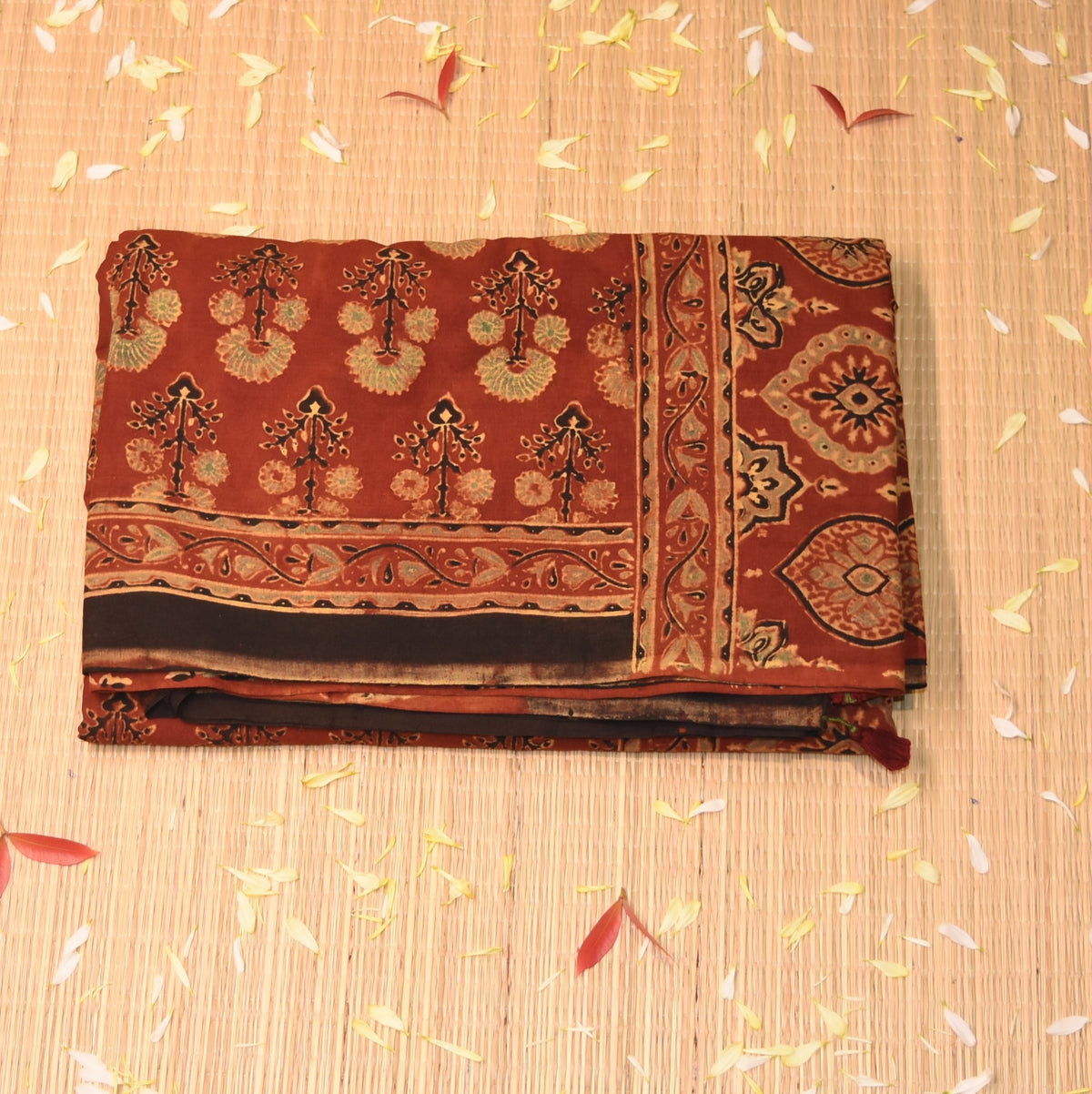 Pure Cotton ajrak Brick red saree with floral print
